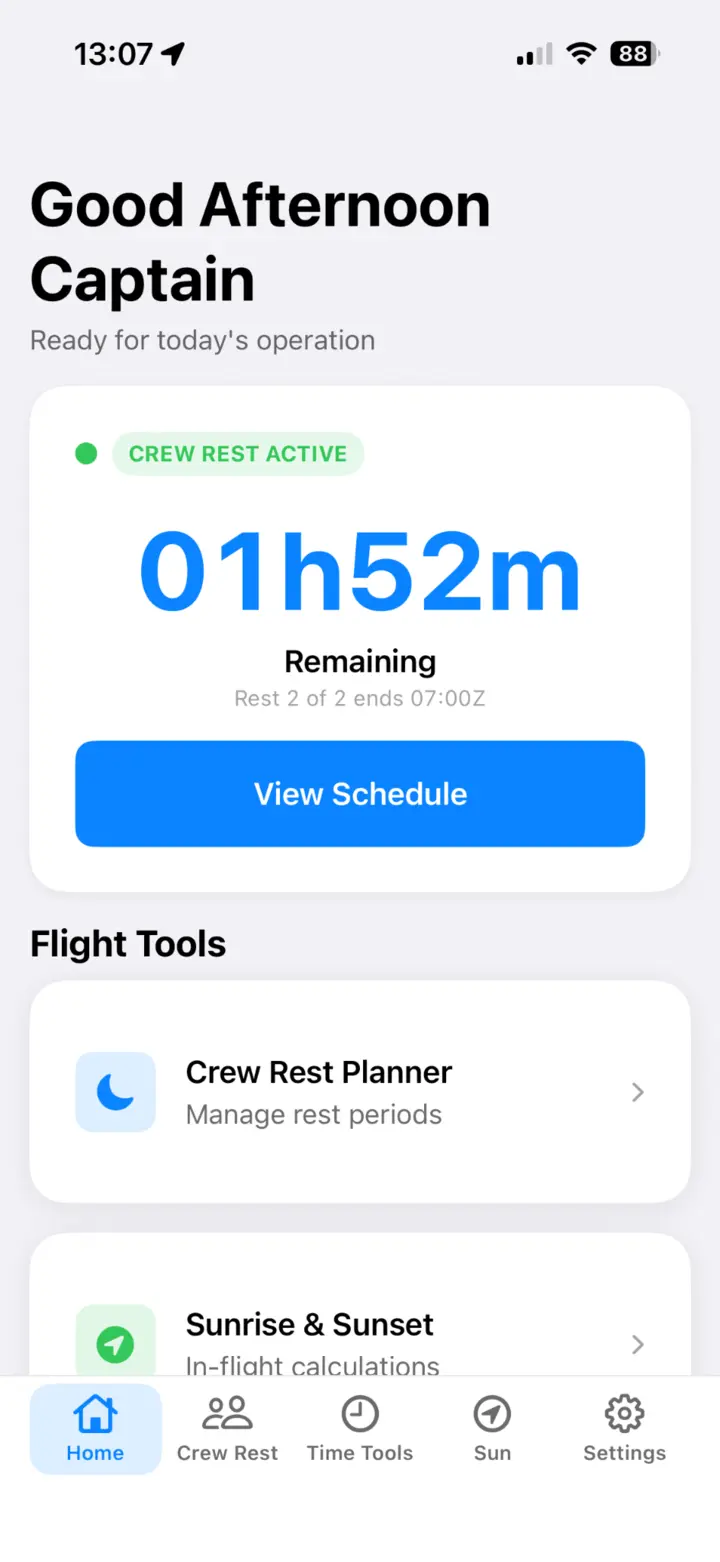 About Flying home screen with an active crew rest countdown