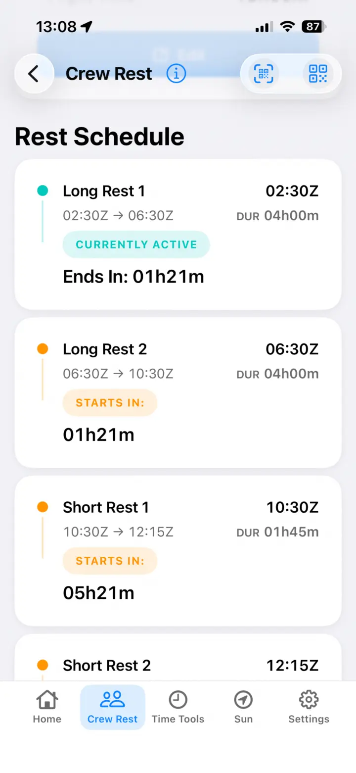 About Flying crew rest schedule showing active and upcoming rest blocks
