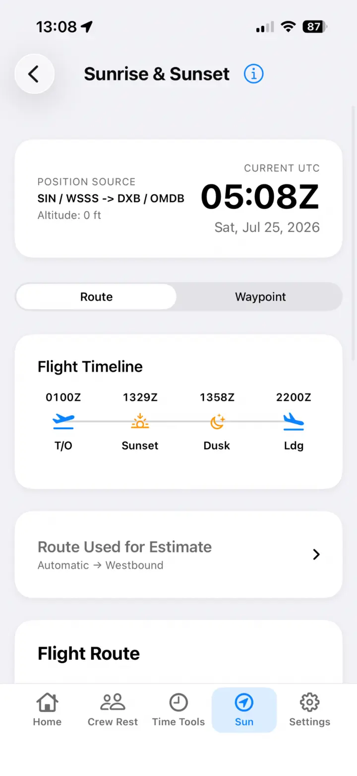 About Flying sunrise and sunset flight timeline from Singapore to Dubai